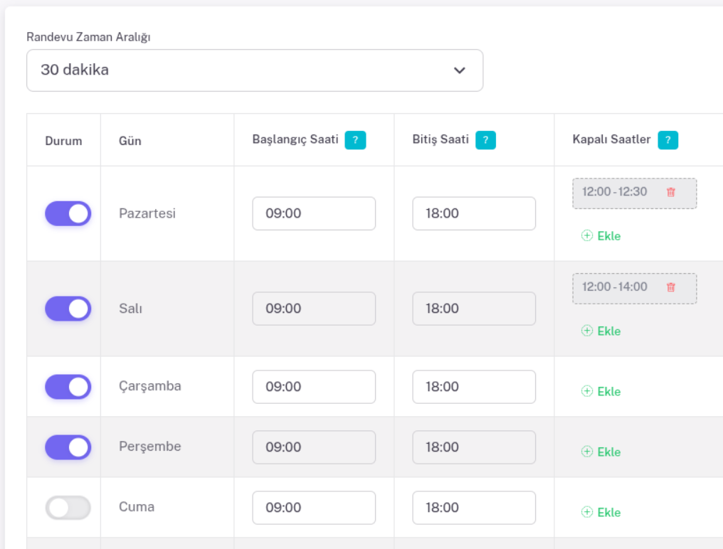 Randevu Sistemi Çalışma Zamanı Ayarları