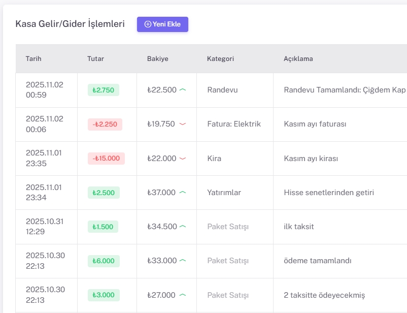 Randevu Sistemi Kasa Gelir Gider Özelliği